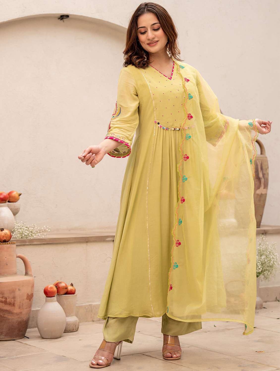 women embroidered three quarter sleeve kurta pant with dupatta set