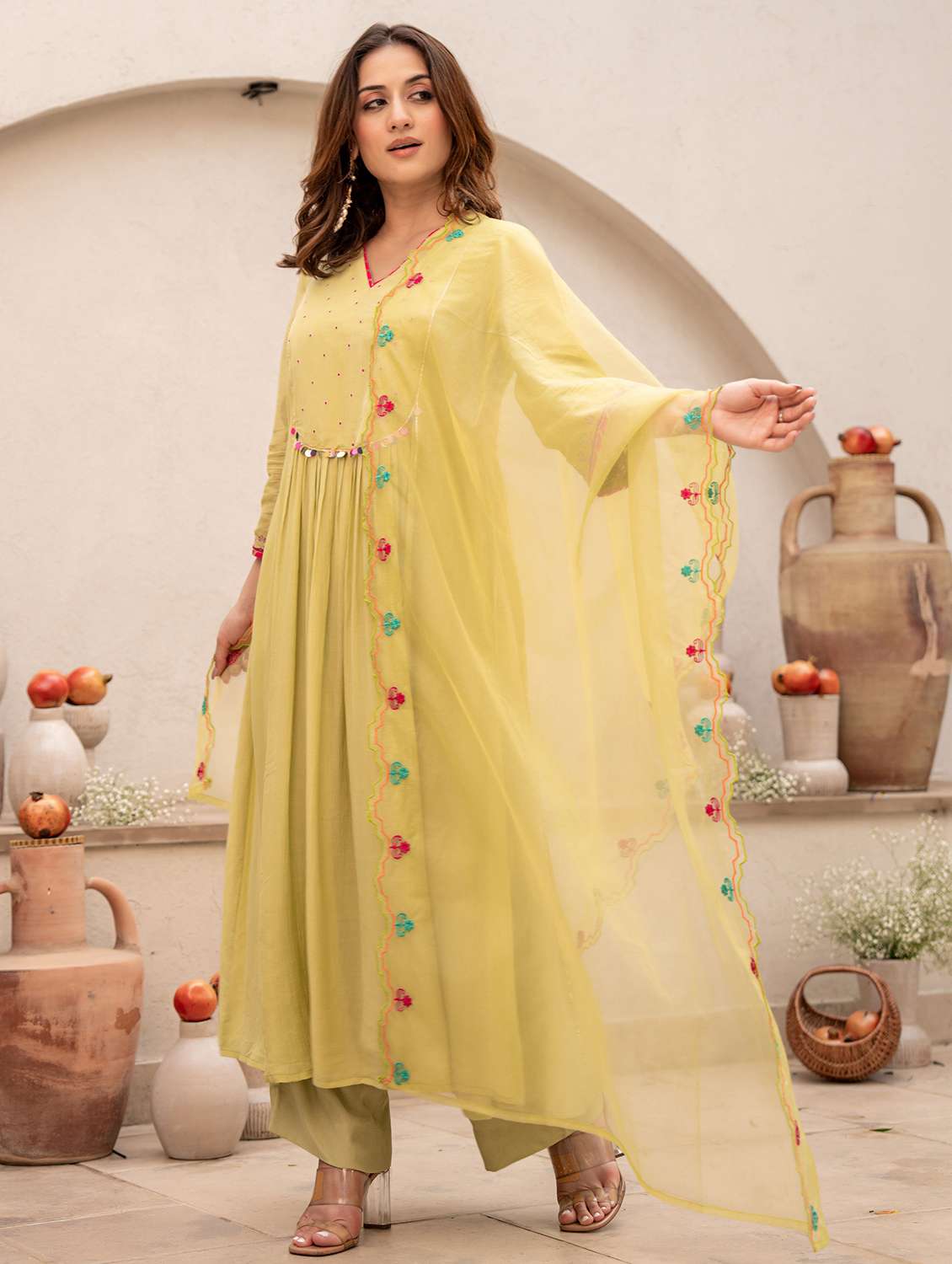 women embroidered three quarter sleeve kurta pant with dupatta set - 22178518 -  Standard Image - 2