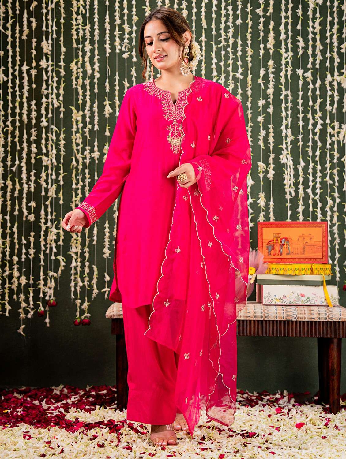 women embroidered long sleeve kurta pant with dupatta set