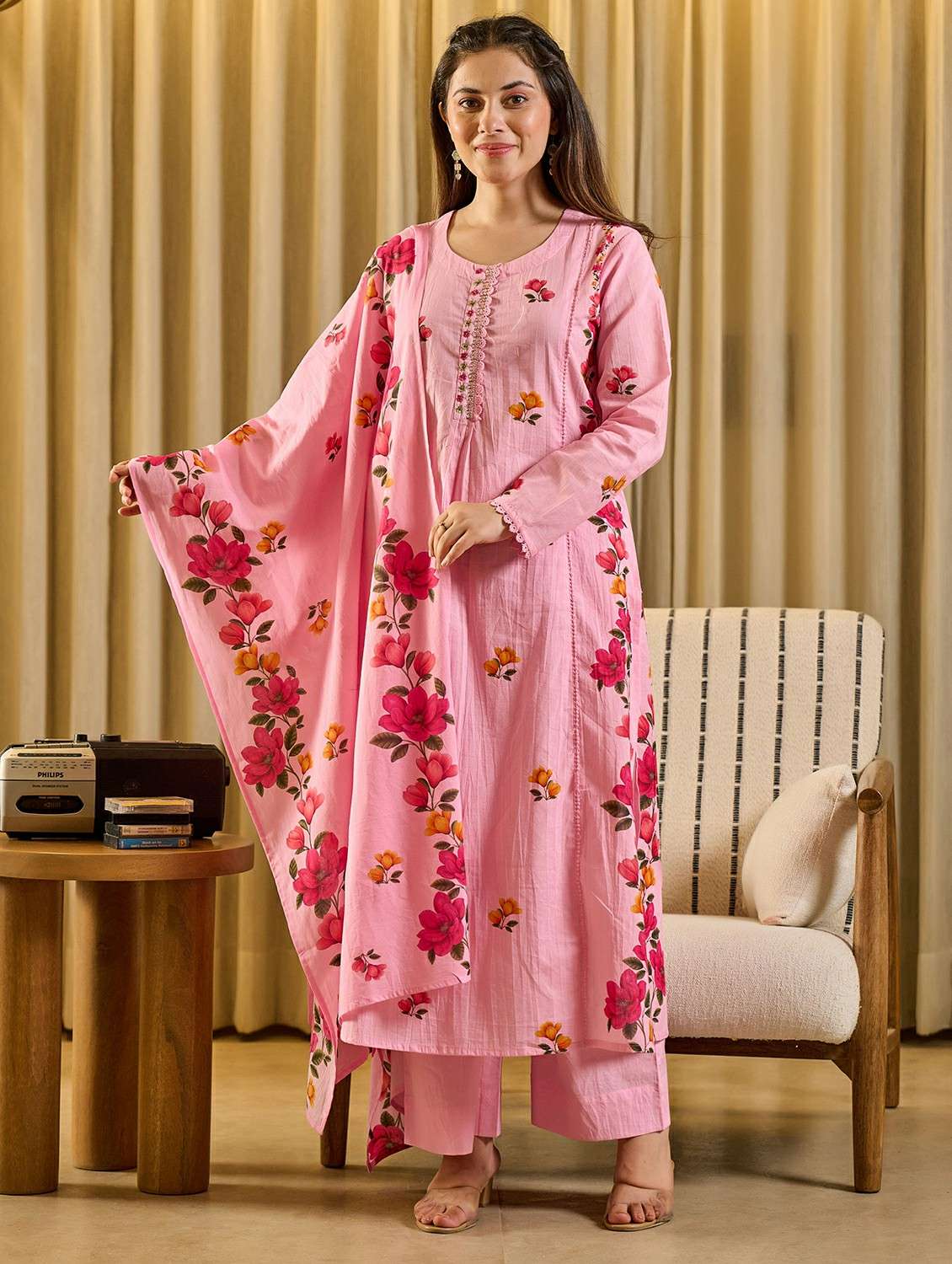 women floral long sleeve kurta pant with dupatta set
