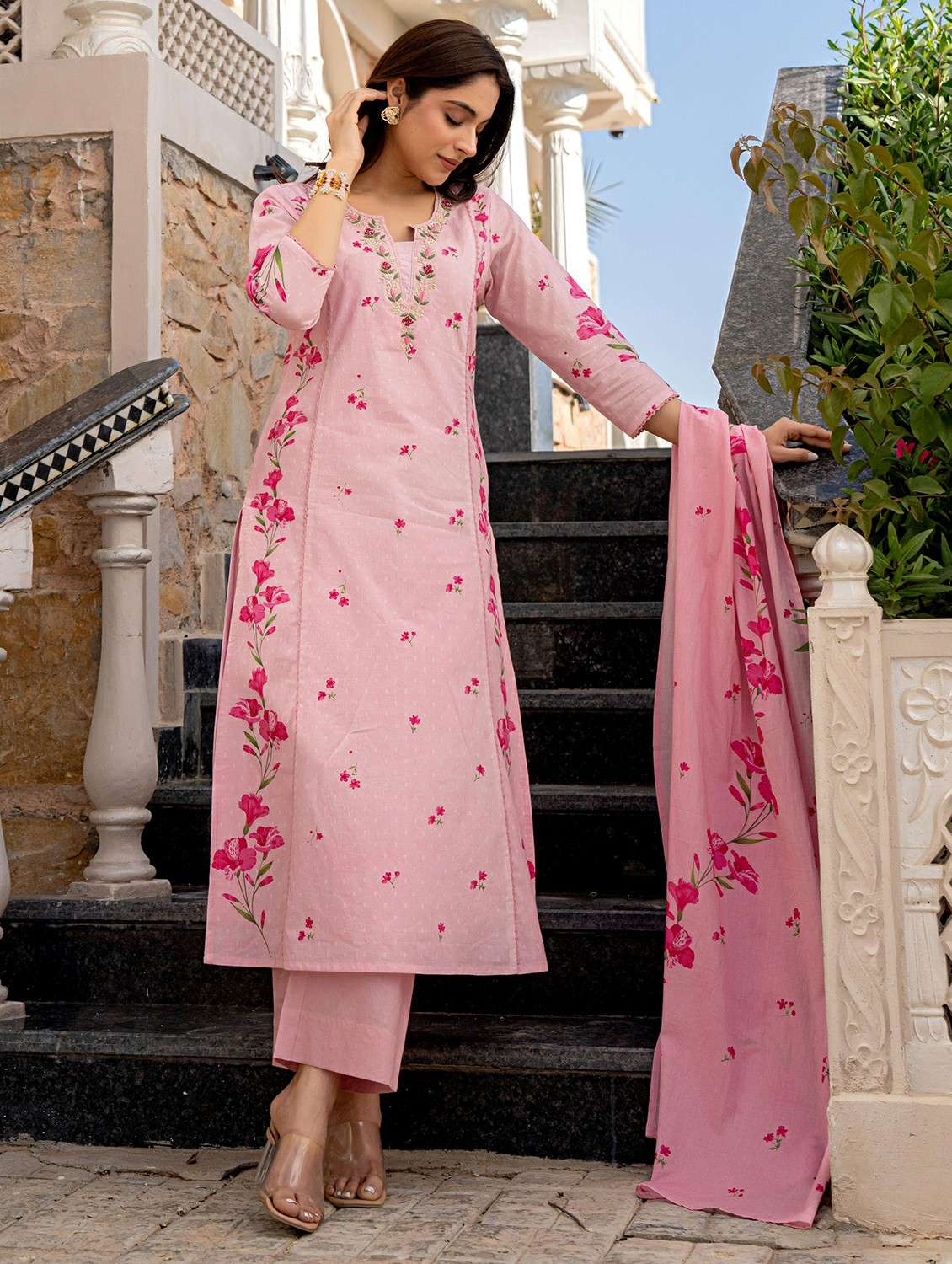 women embroidered three quarter sleeve kurta pant with dupatta set - 22178527 -  Standard Image - 2