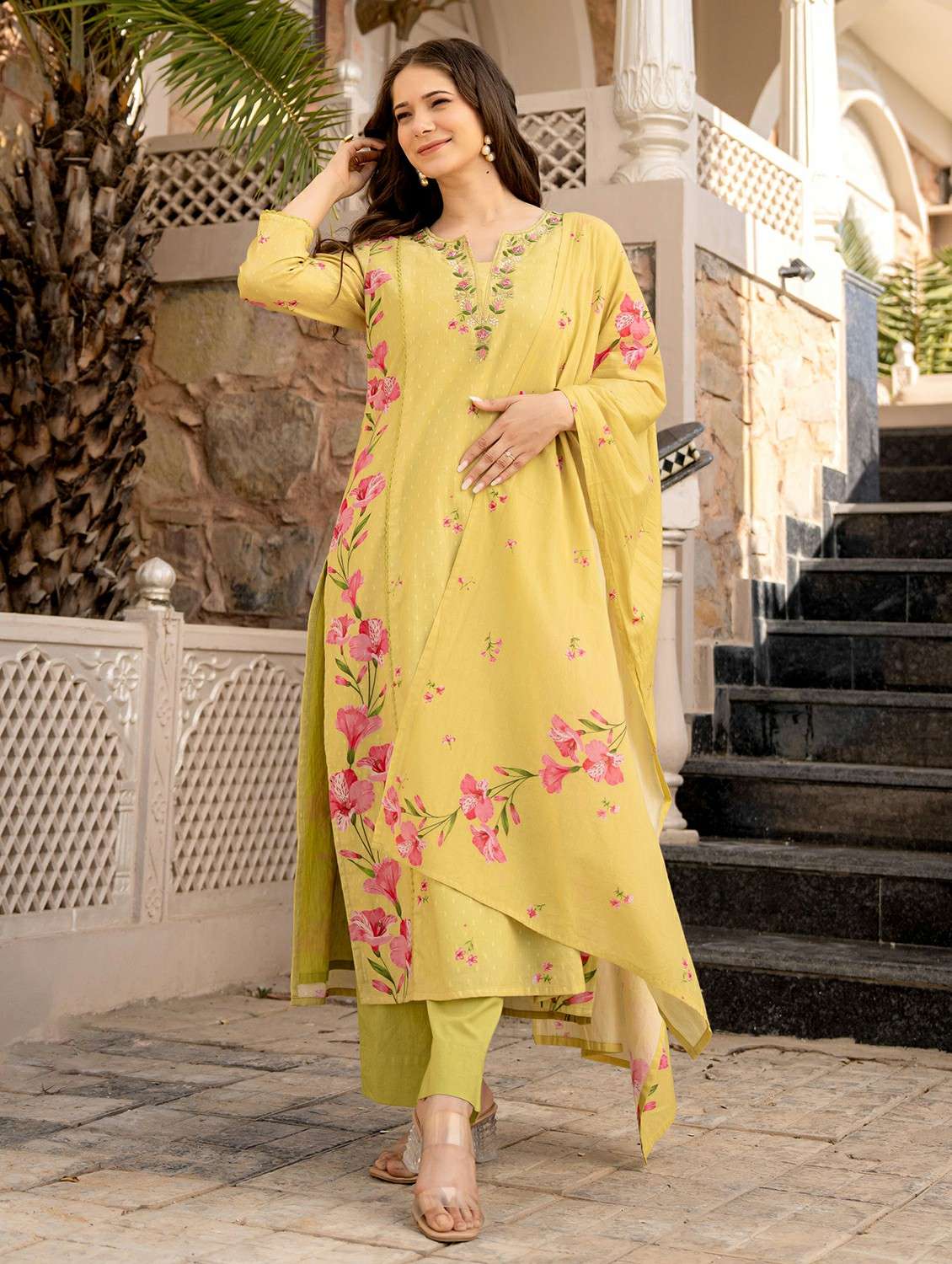 women embroidered three quarter sleeve kurta pant with dupatta set