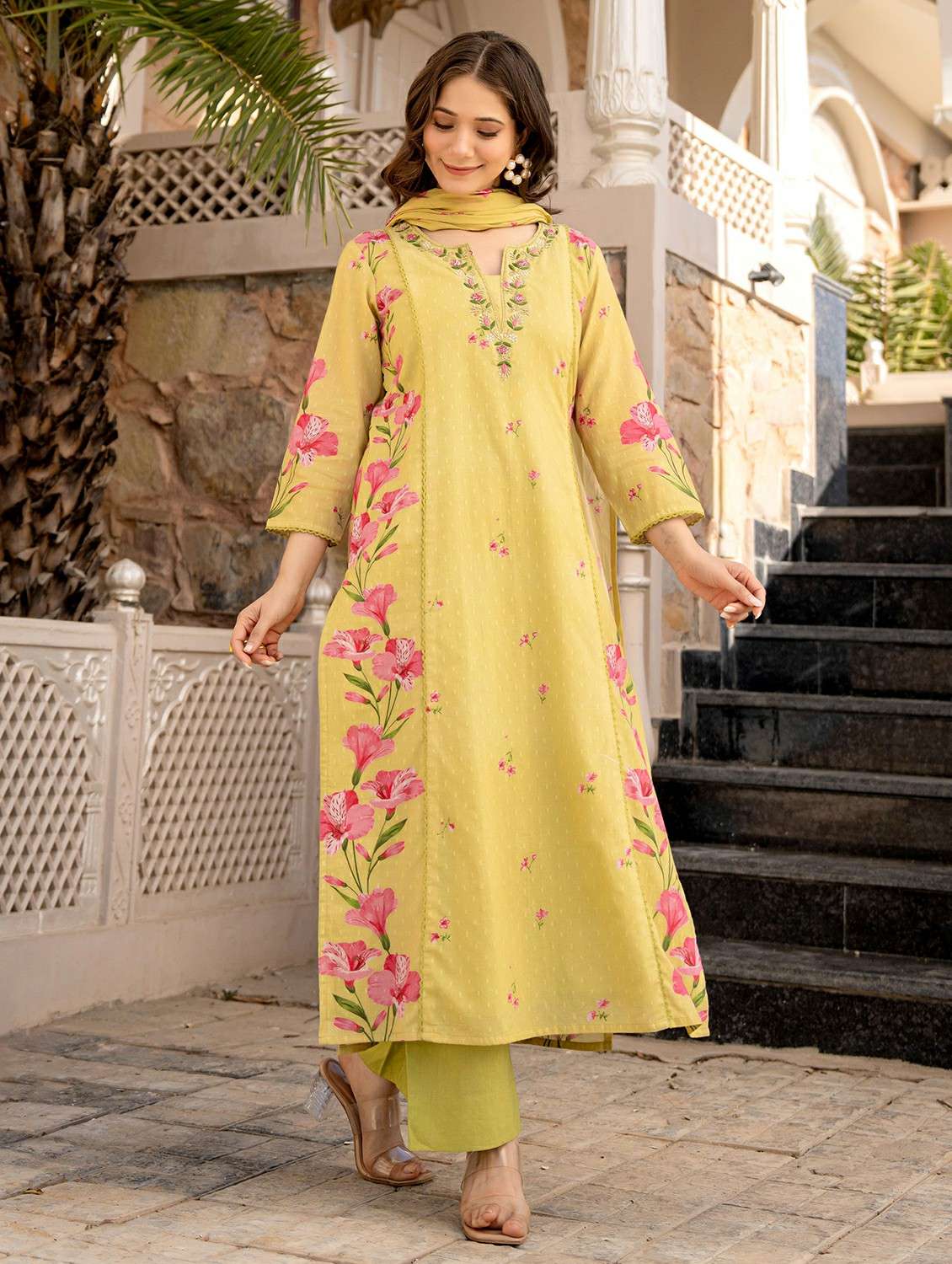 women embroidered three quarter sleeve kurta pant with dupatta set - 22178528 -  Standard Image - 2