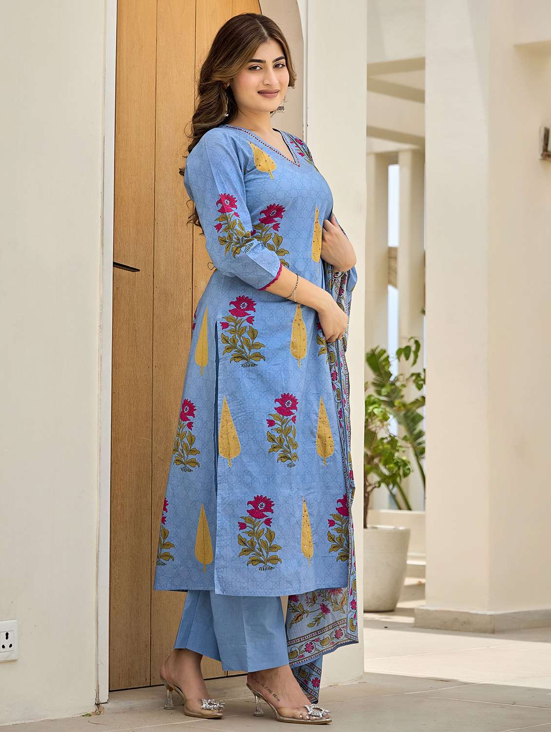 women embroidered three quarter sleeve kurta pant with dupatta set - 22178536 -  Standard Image - 2