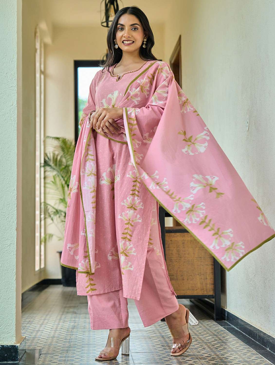 women floral three quarter sleeve kurta pant with dupatta set - 22178543 -  Standard Image - 2