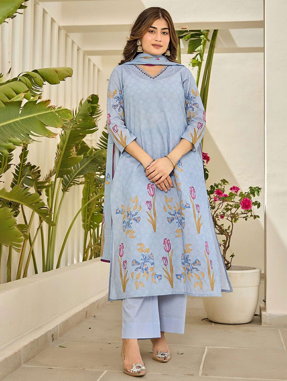 women embroidered three quarter sleeve kurta pant with dupatta set - 22178545 -  Standard Image - 2