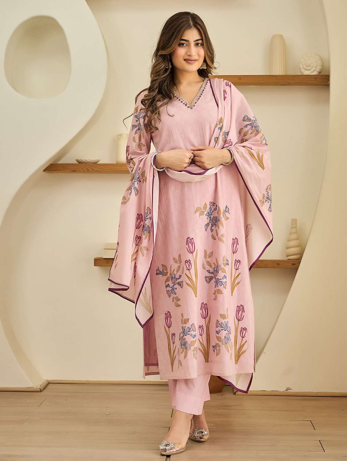 women embroidered three quarter sleeve kurta pant with dupatta set - 22178547 -  Standard Image - 2