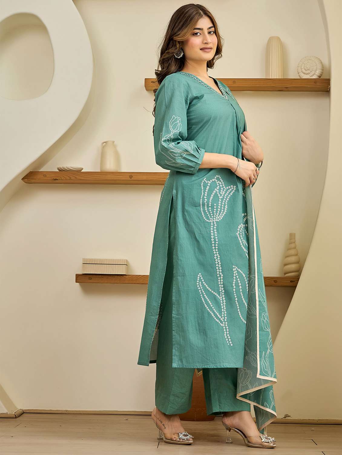 women printed three quarter sleeve kurta pant with dupatta set - 22178550 -  Standard Image - 2