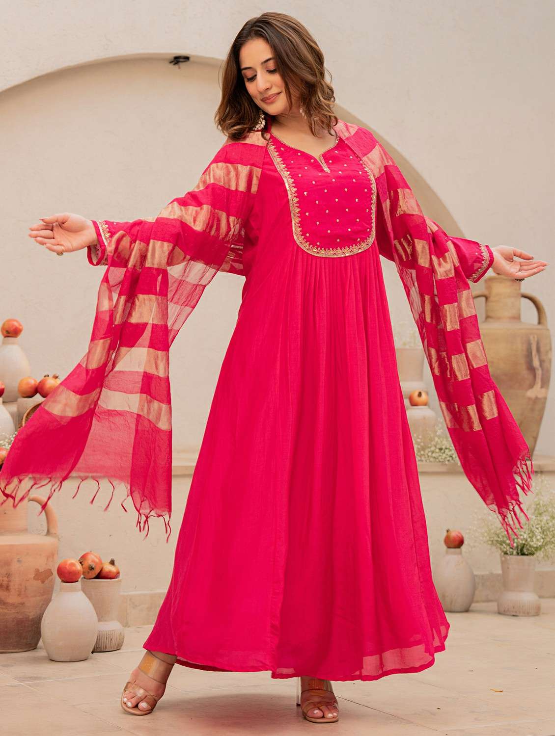 women solid with work long sleeve kurta pant with dupatta set - 22178556 -  Standard Image - 2