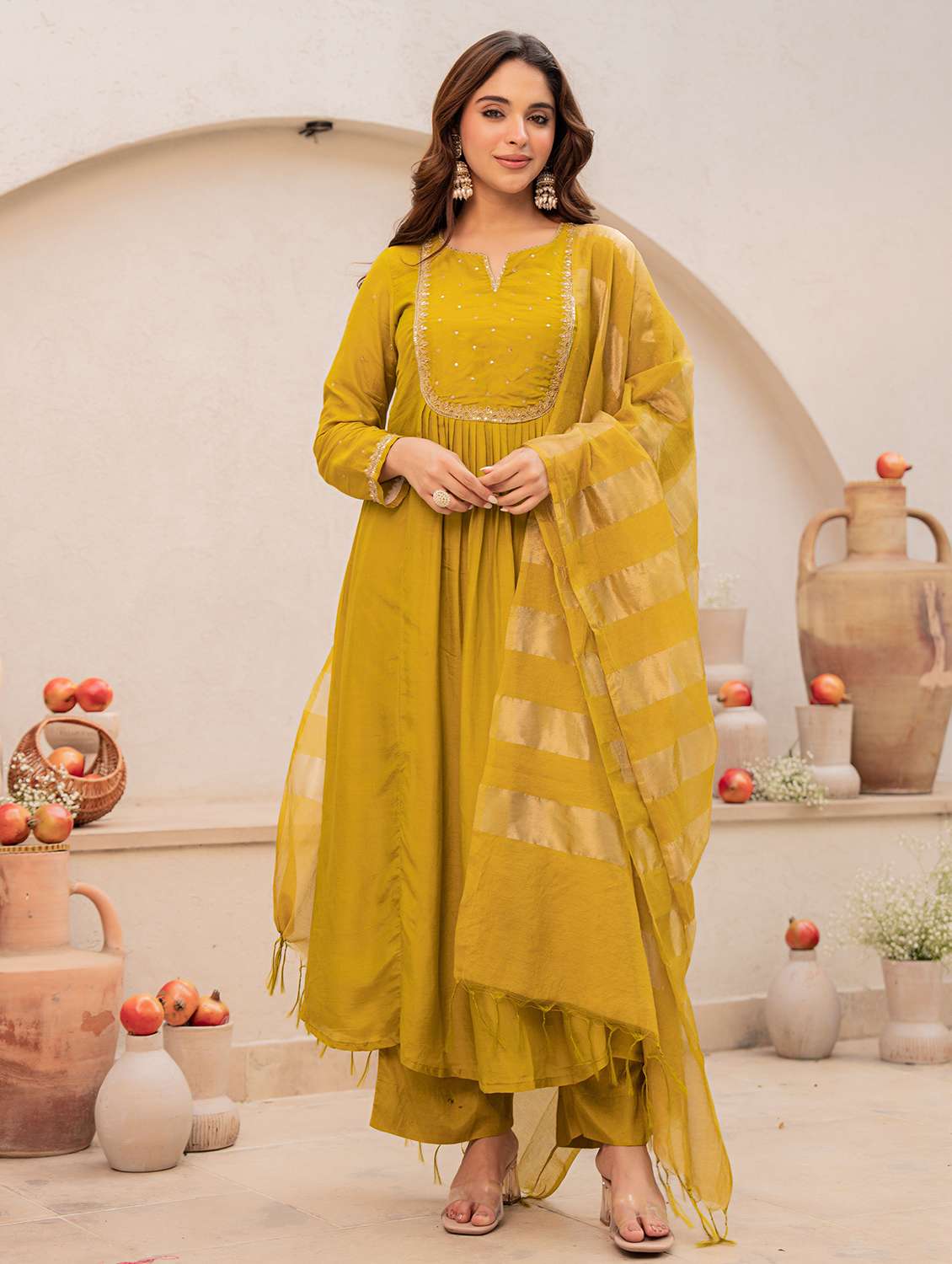 women solid with work long sleeve kurta pant with dupatta set