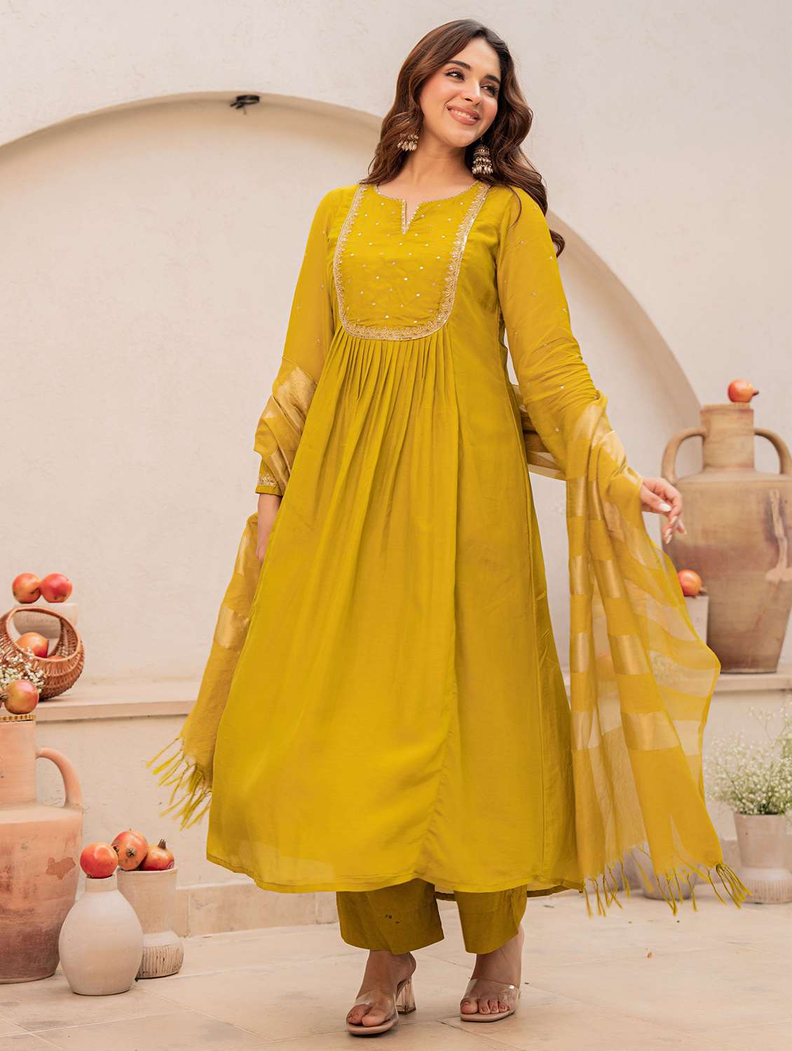 women solid with work long sleeve kurta pant with dupatta set - 22178557 -  Standard Image - 2