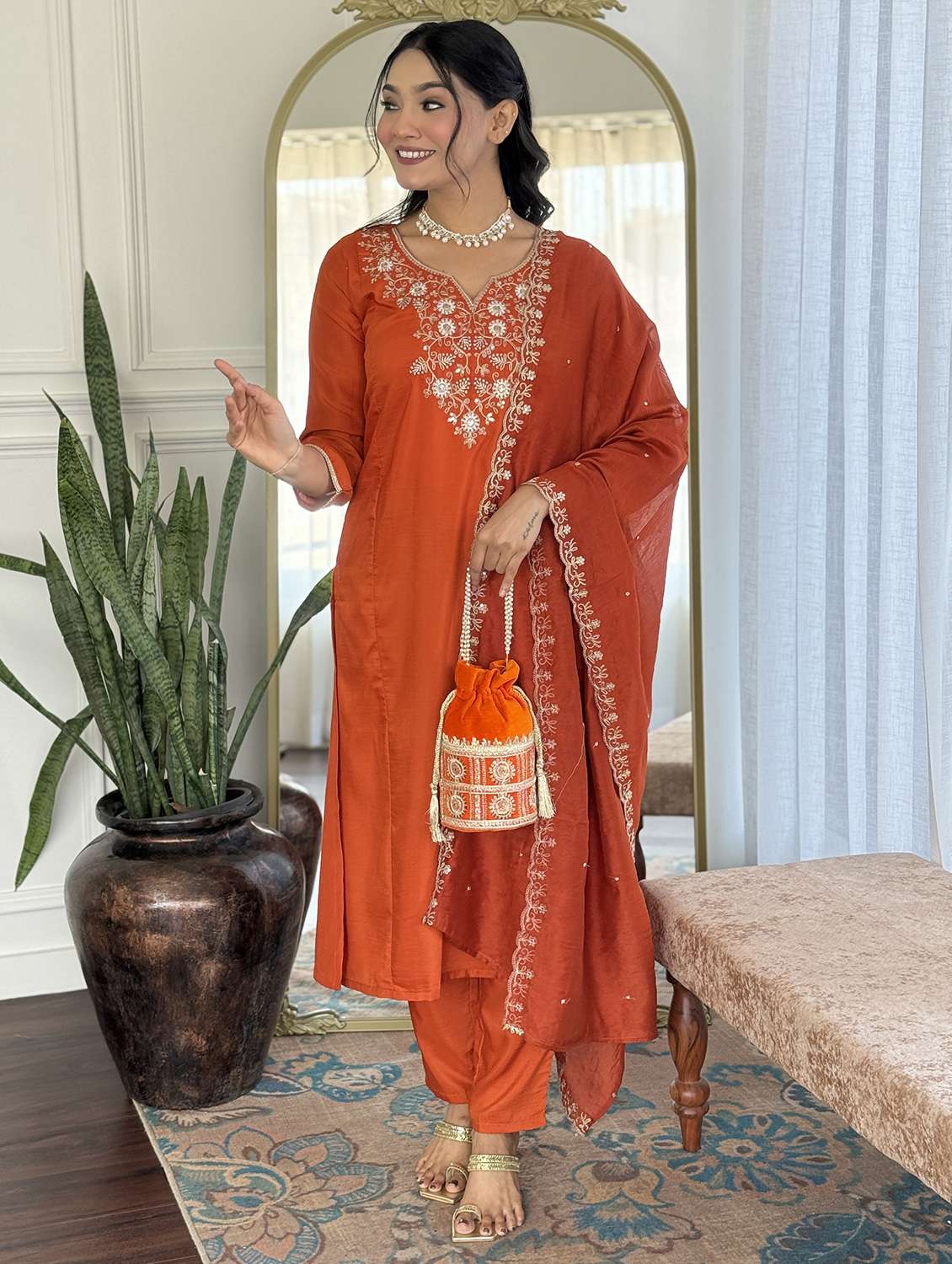 women three quarter sleeve kurta and pant with dupatta  - 22178905 -  Standard Image - 2