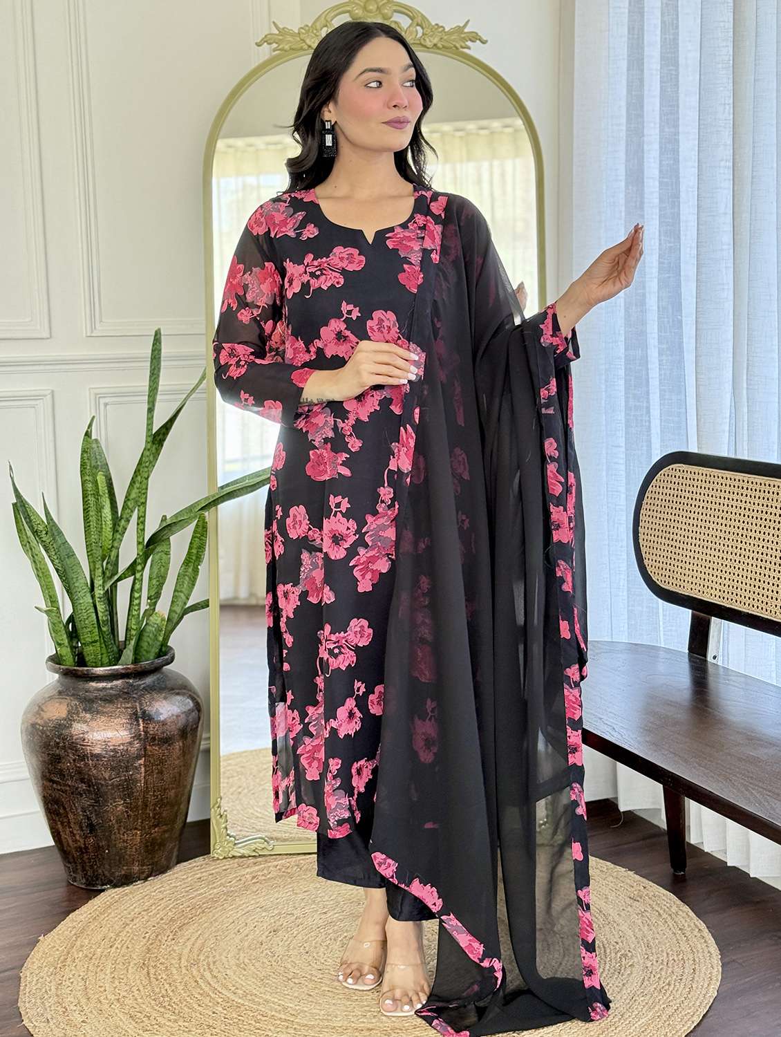 women three quarter sleeve kurta and pant with dupatta  - 22178937 -  Standard Image - 2