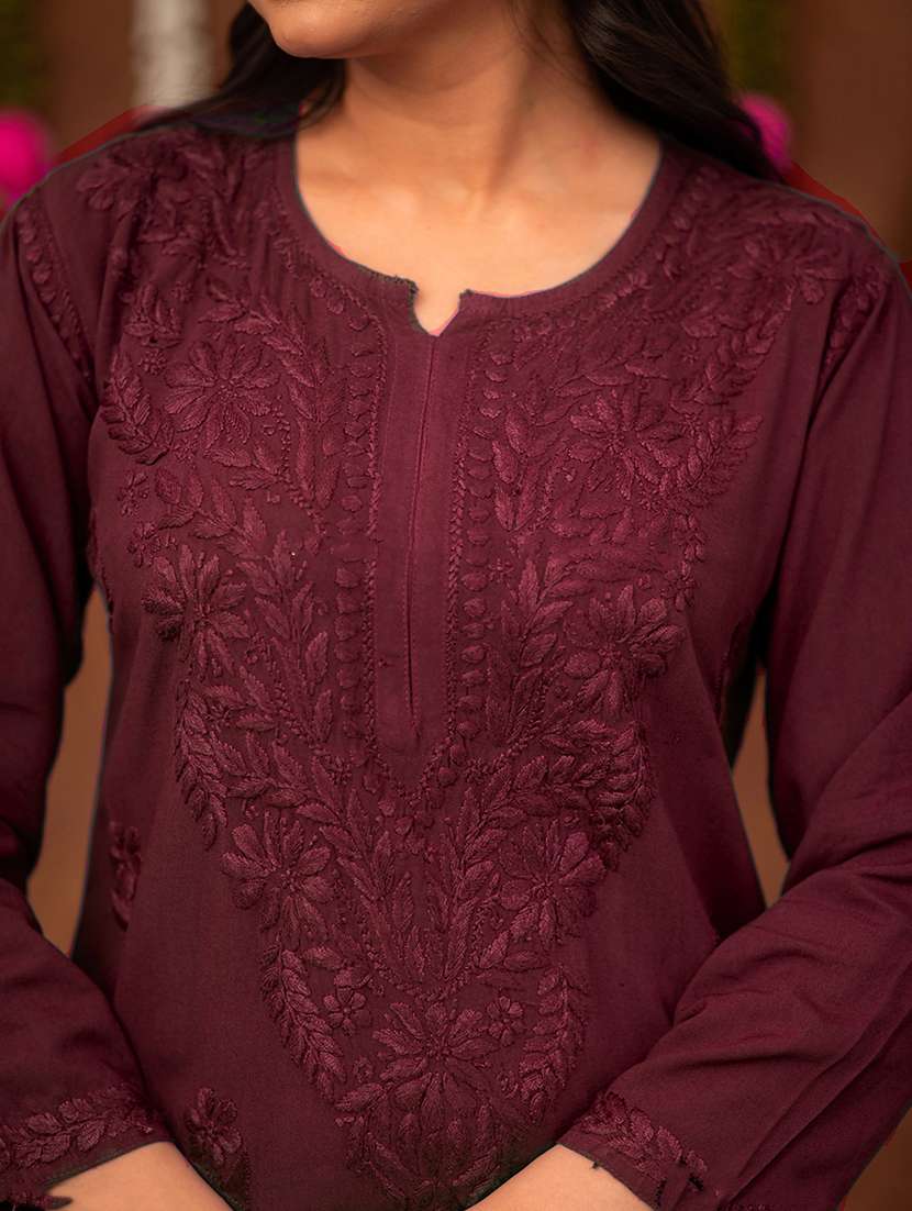 women solid with work long sleeve chikankari straight kurta - 22178978 -  Standard Image - 2