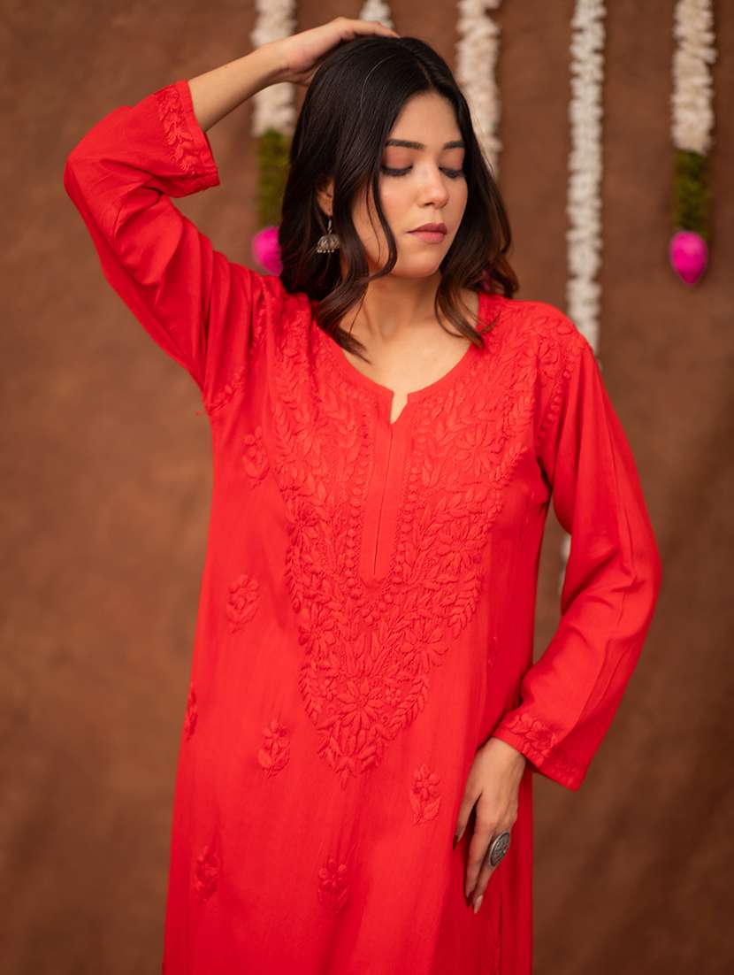 women solid with work long sleeve chikankari straight kurta - 22178979 -  Standard Image - 2
