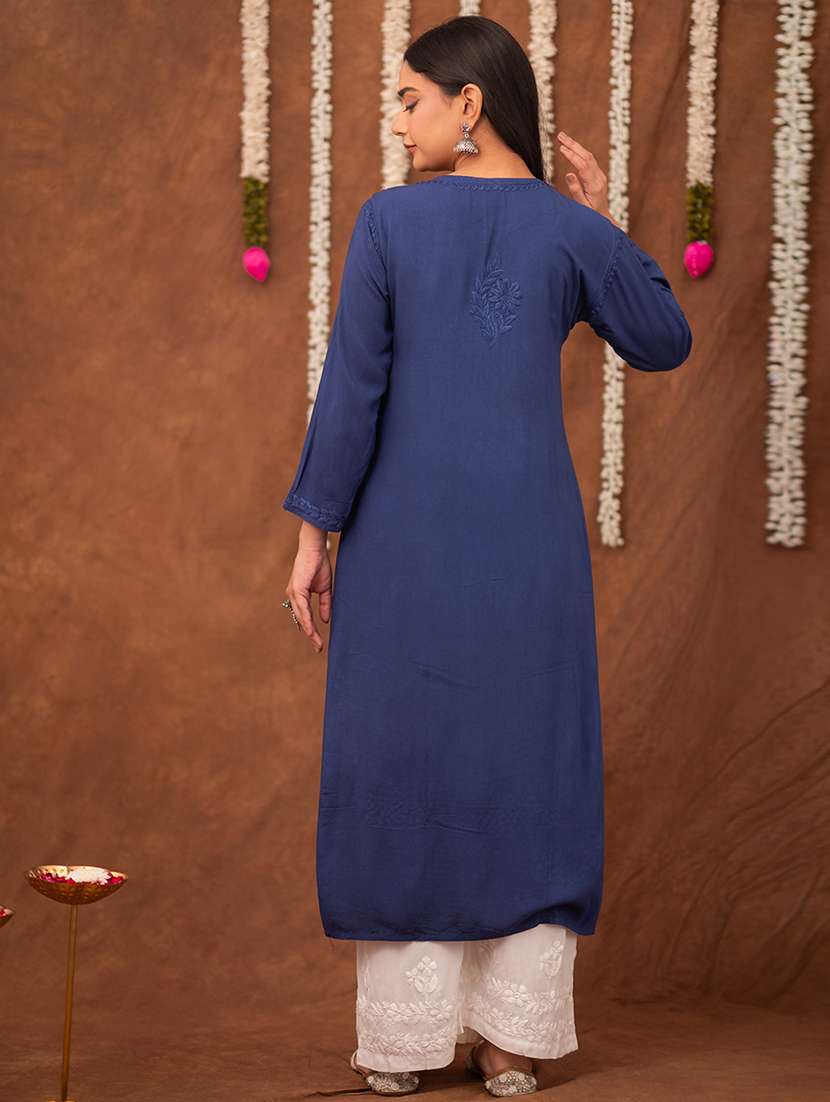women solid with work long sleeve chikankari straight kurta - 22178980 -  Standard Image - 2