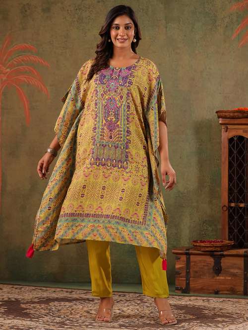 women printed kimono sleeve kaftan kurta with pant set - 22179004 -  Standard Image - 0
