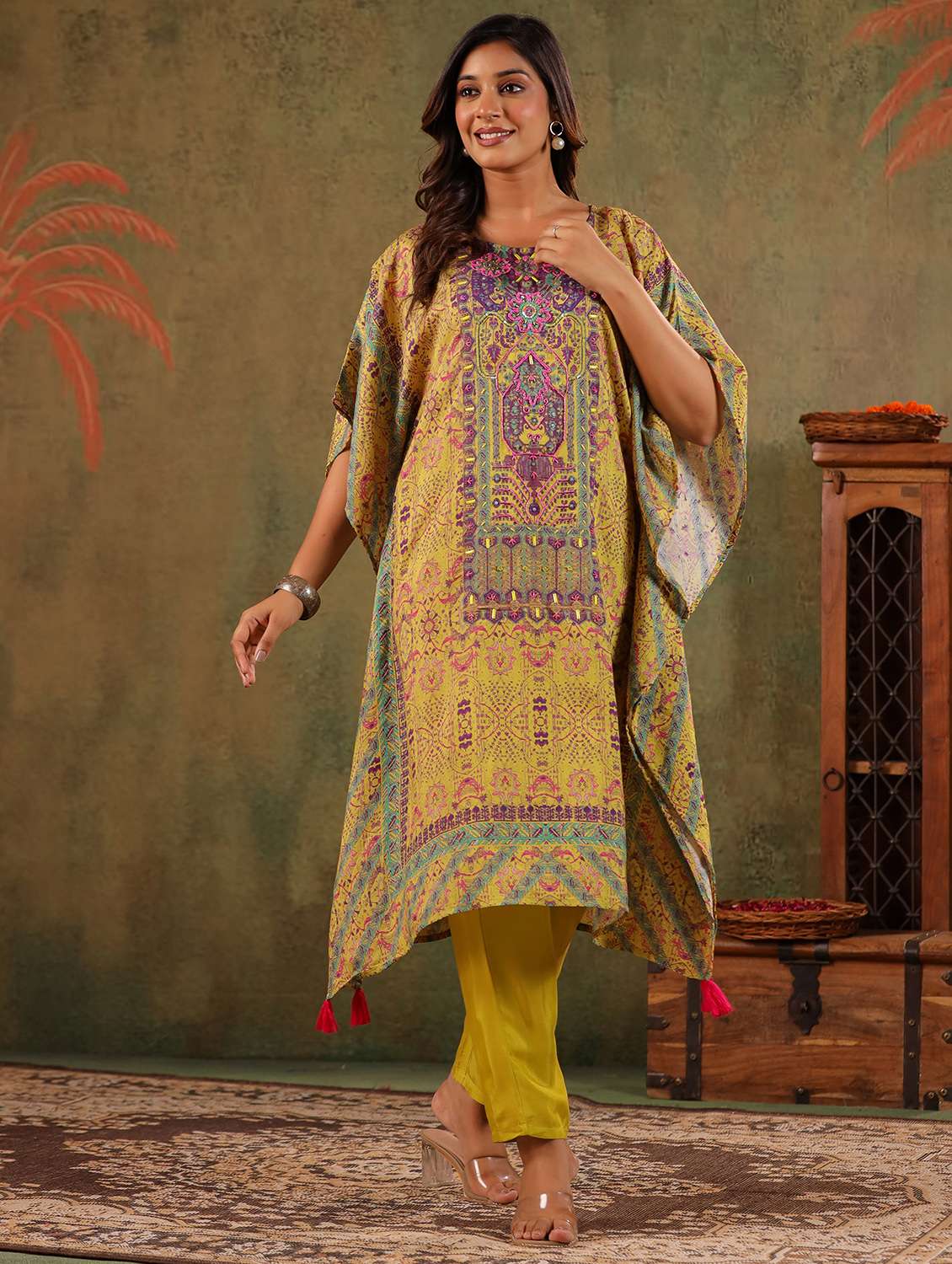 women printed kimono sleeve kaftan kurta with pant set - 22179004 -  Standard Image - 2