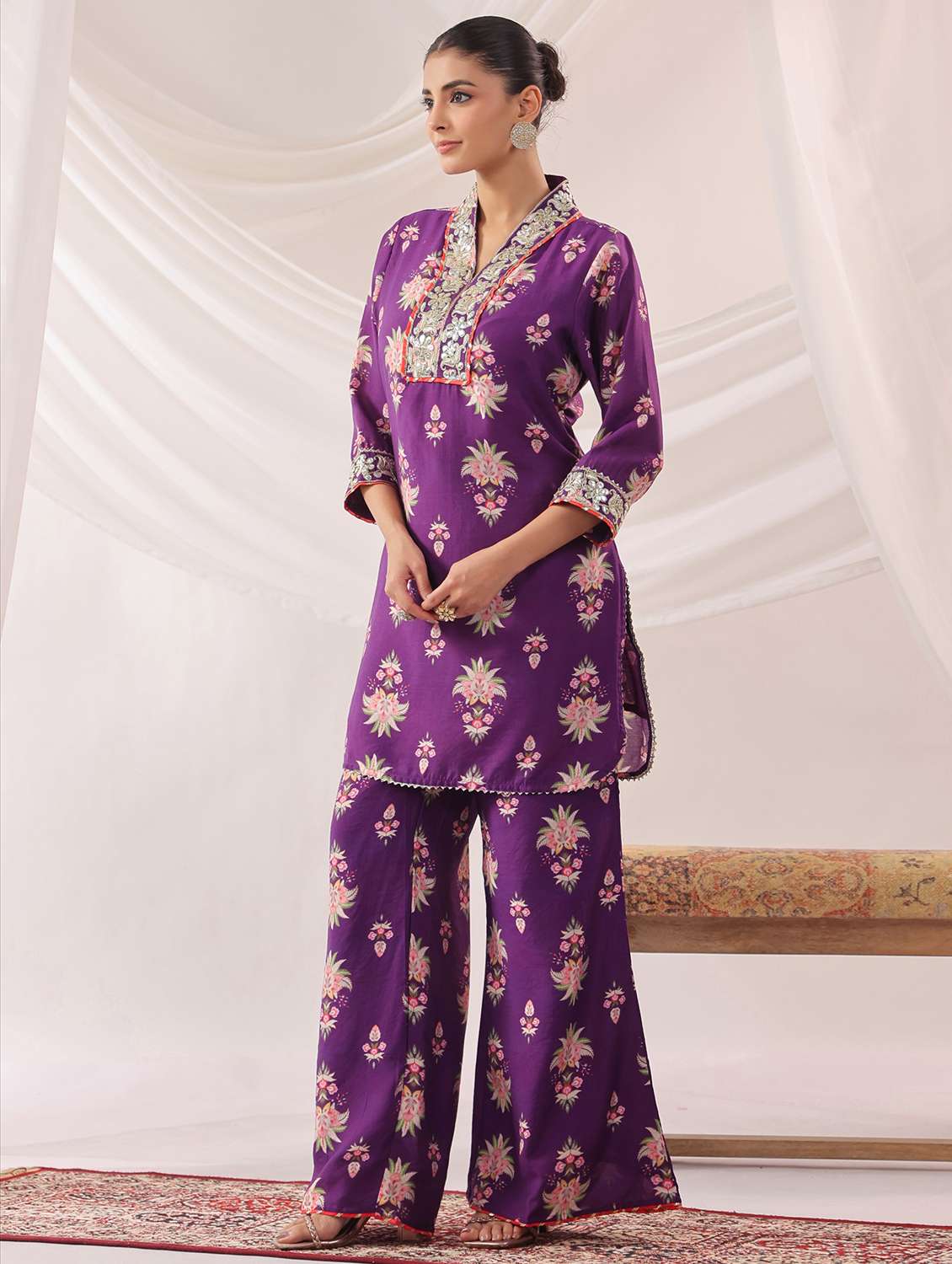 women floral printed three quarter sleeve kurta palazzo set - 22179005 -  Standard Image - 2