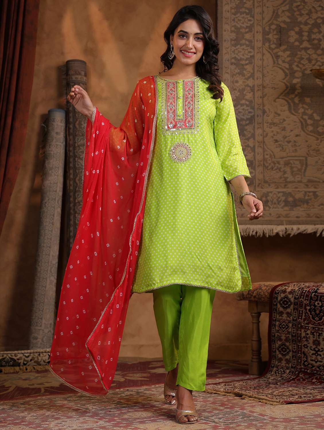 women bandhani three quarter sleeve kurta pant with dupatta set