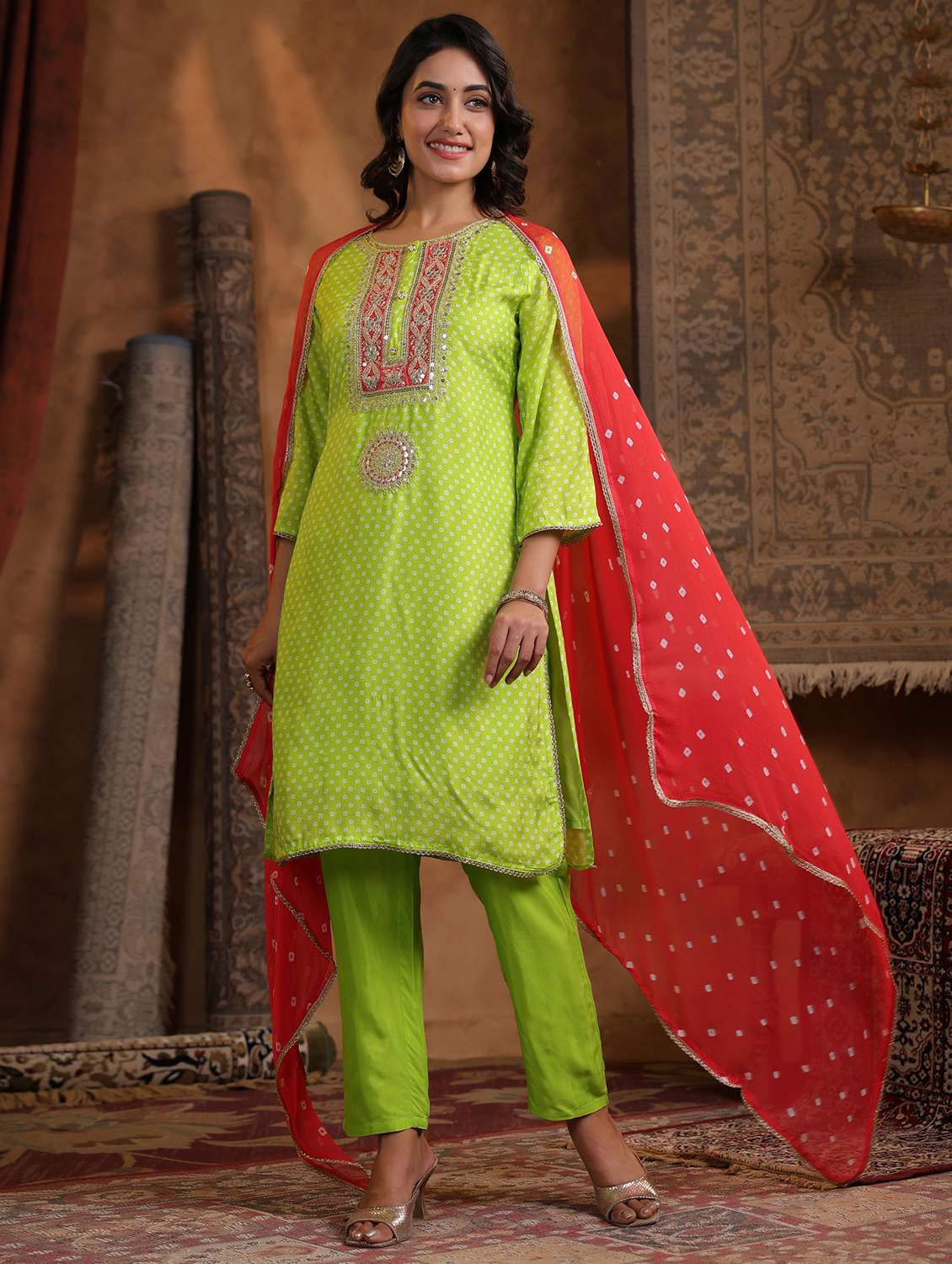 women bandhani three quarter sleeve kurta pant with dupatta set - 22179007 -  Standard Image - 2