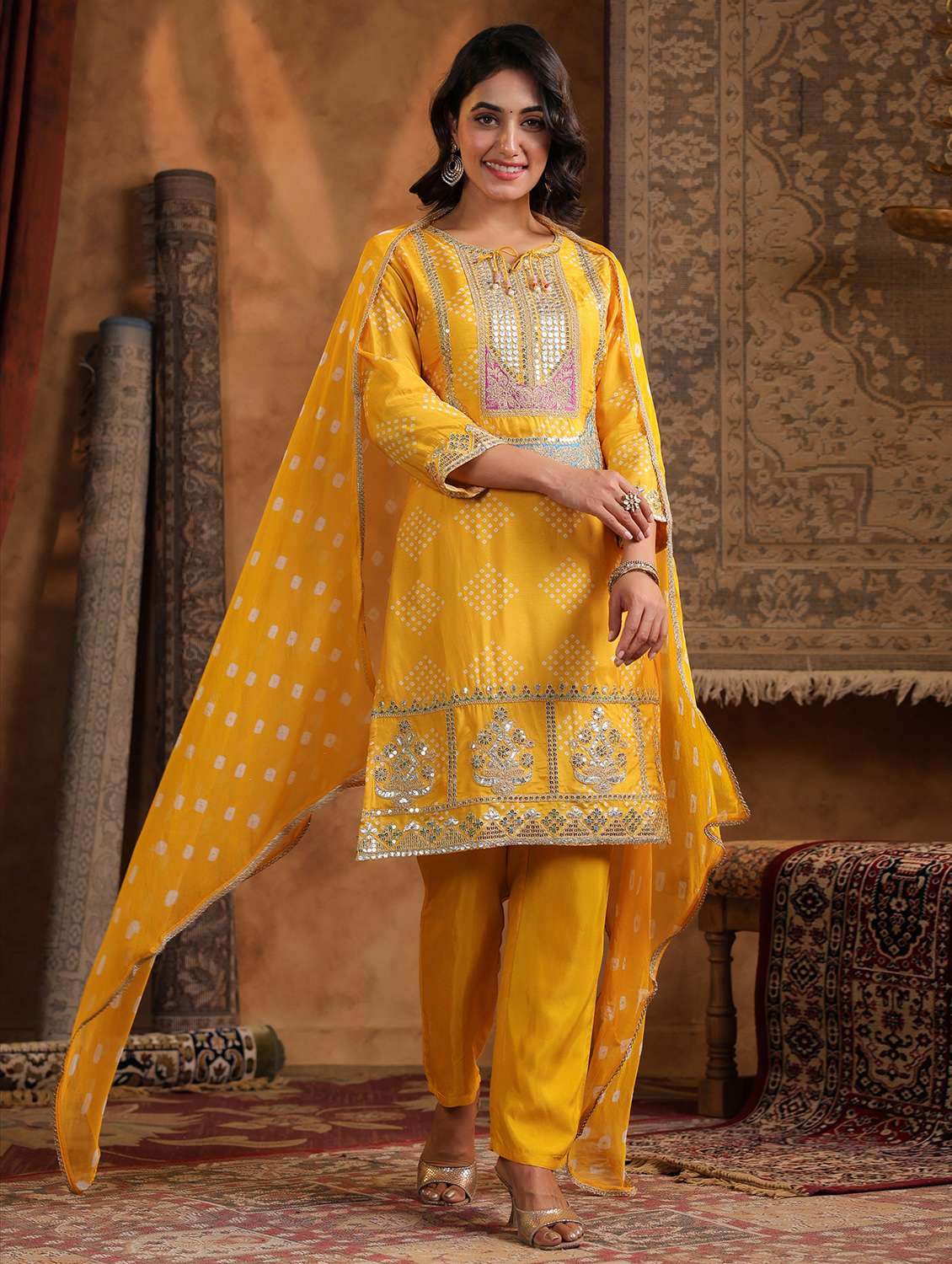 women bandhani three quarter sleeve kurta pant with dupatta set - 22179008 -  Standard Image - 2