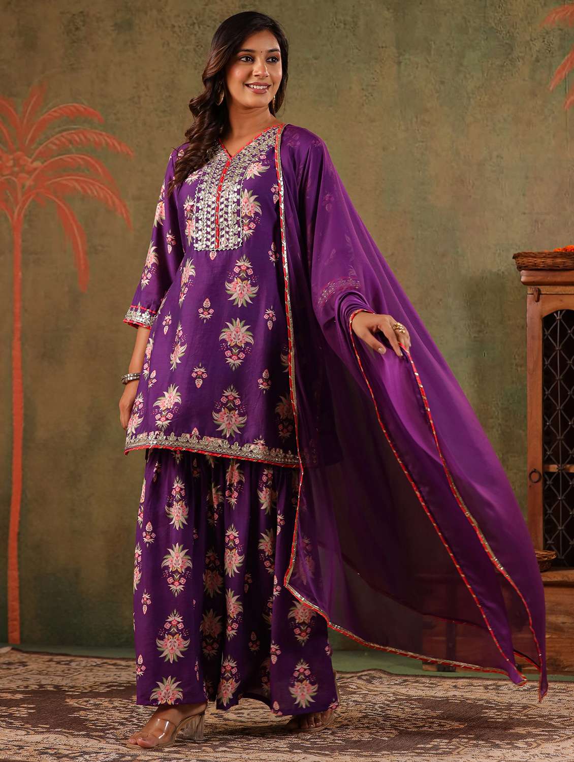 women floral three quarter sleeve kurta sharara with dupatta set - 22179009 -  Standard Image - 2