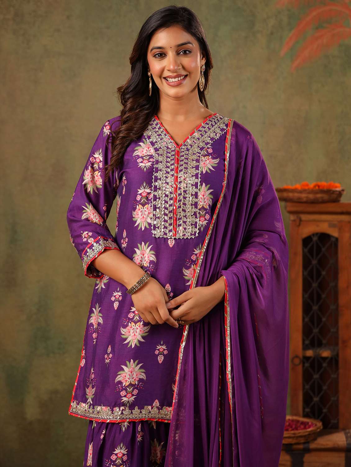 women floral three quarter sleeve kurta sharara with dupatta set - 22179009 -  Standard Image - 7