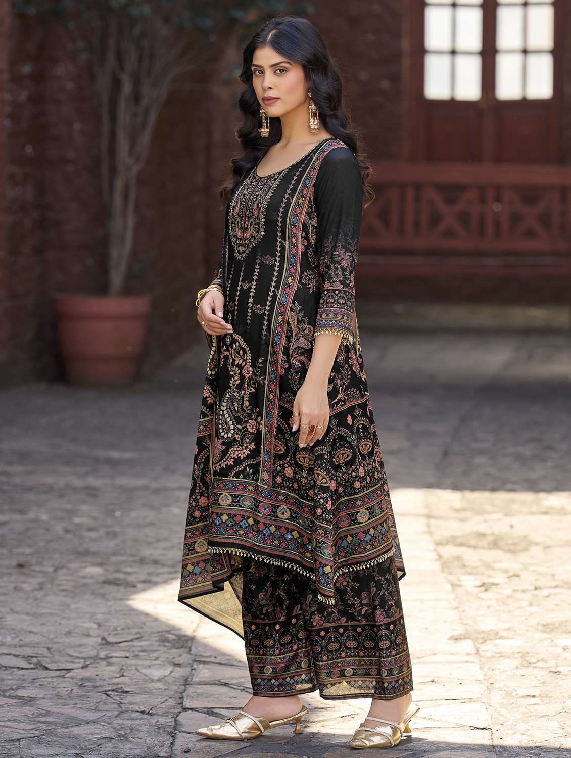 women printed three quarter sleeve kurta palazzo with dupatta set - 22179934 -  Standard Image - 2