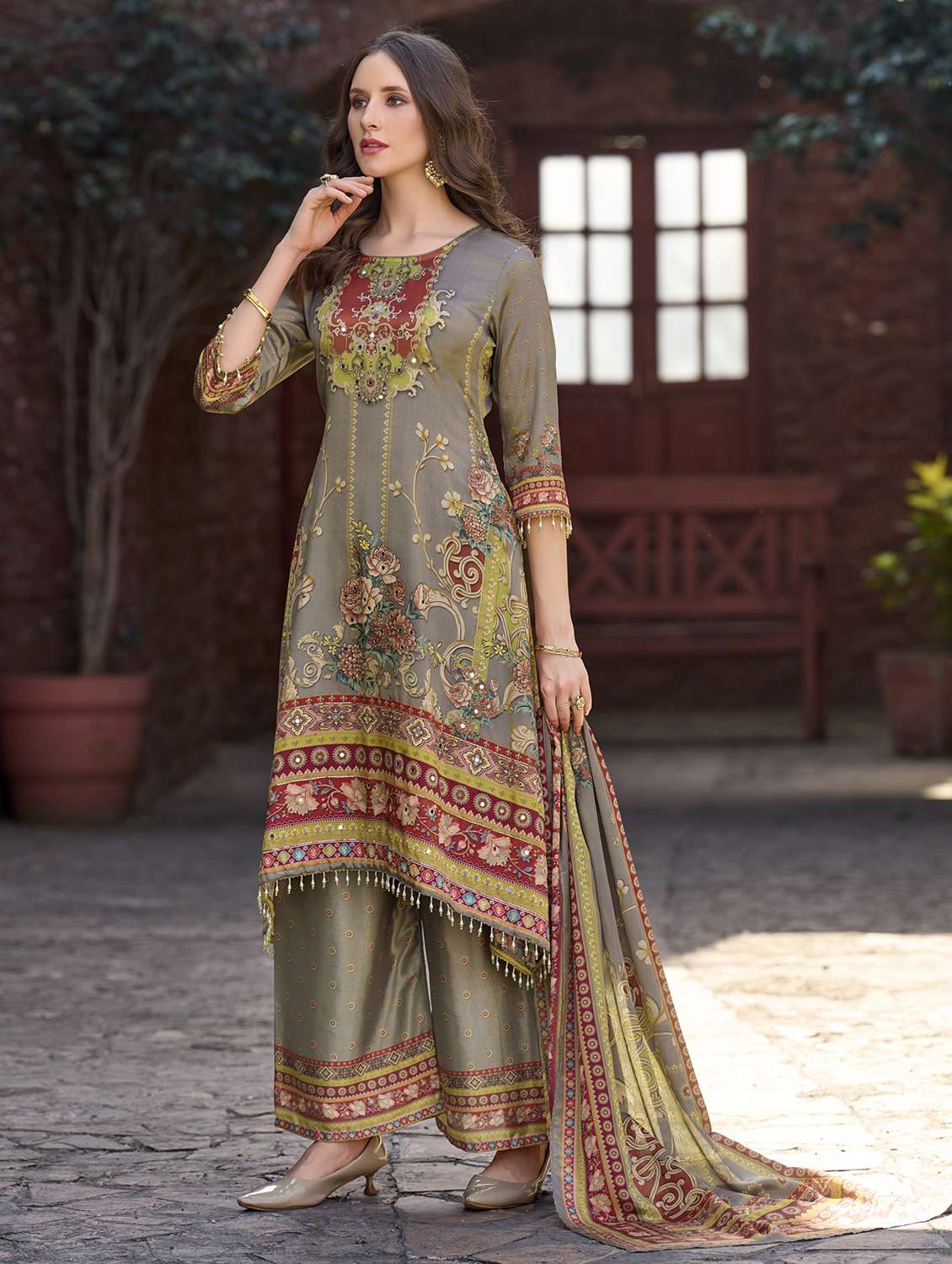 women printed three quarter sleeve kurta palazzo with dupatta set - 22179938 -  Standard Image - 2