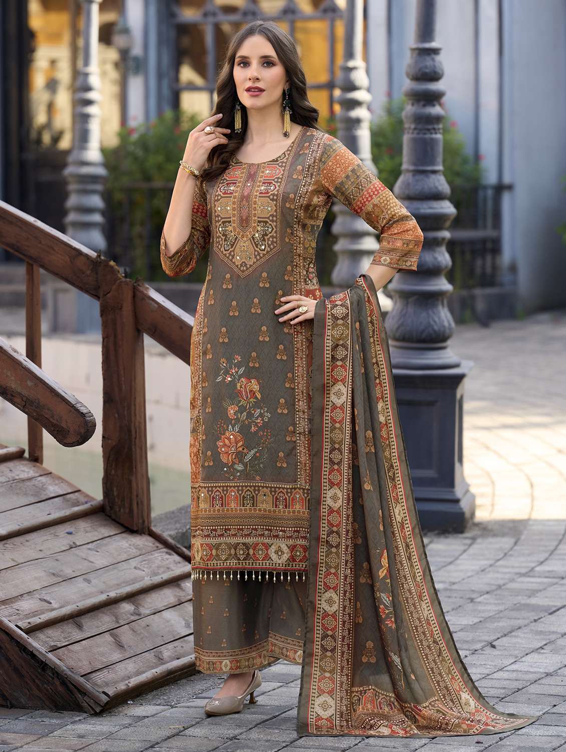 women printed three quarter sleeve kurta palazzo with dupatta set - 22179940 -  Standard Image - 2