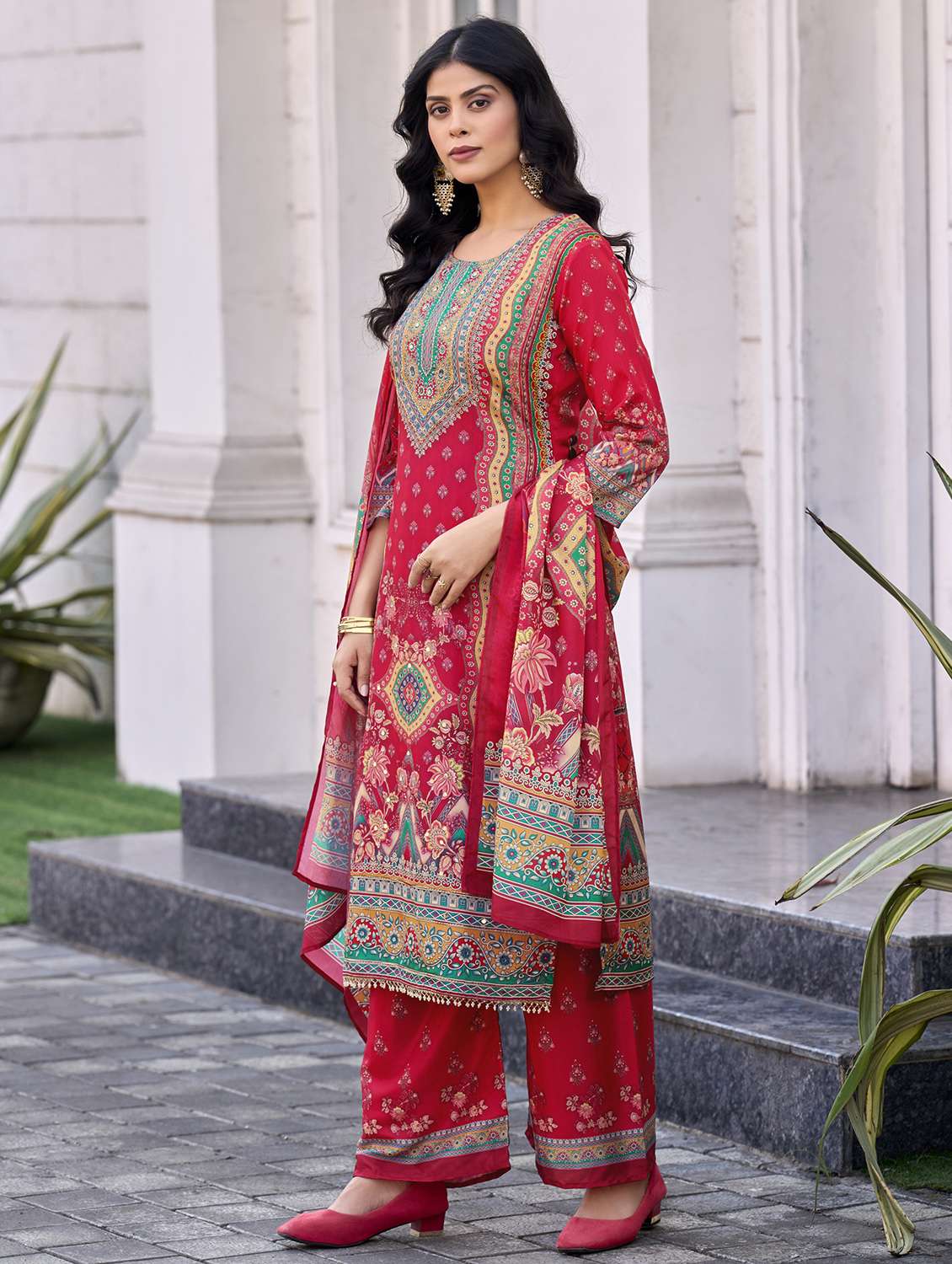 women printed three quarter sleeve kurta palazzo with dupatta set - 22179941 -  Standard Image - 2