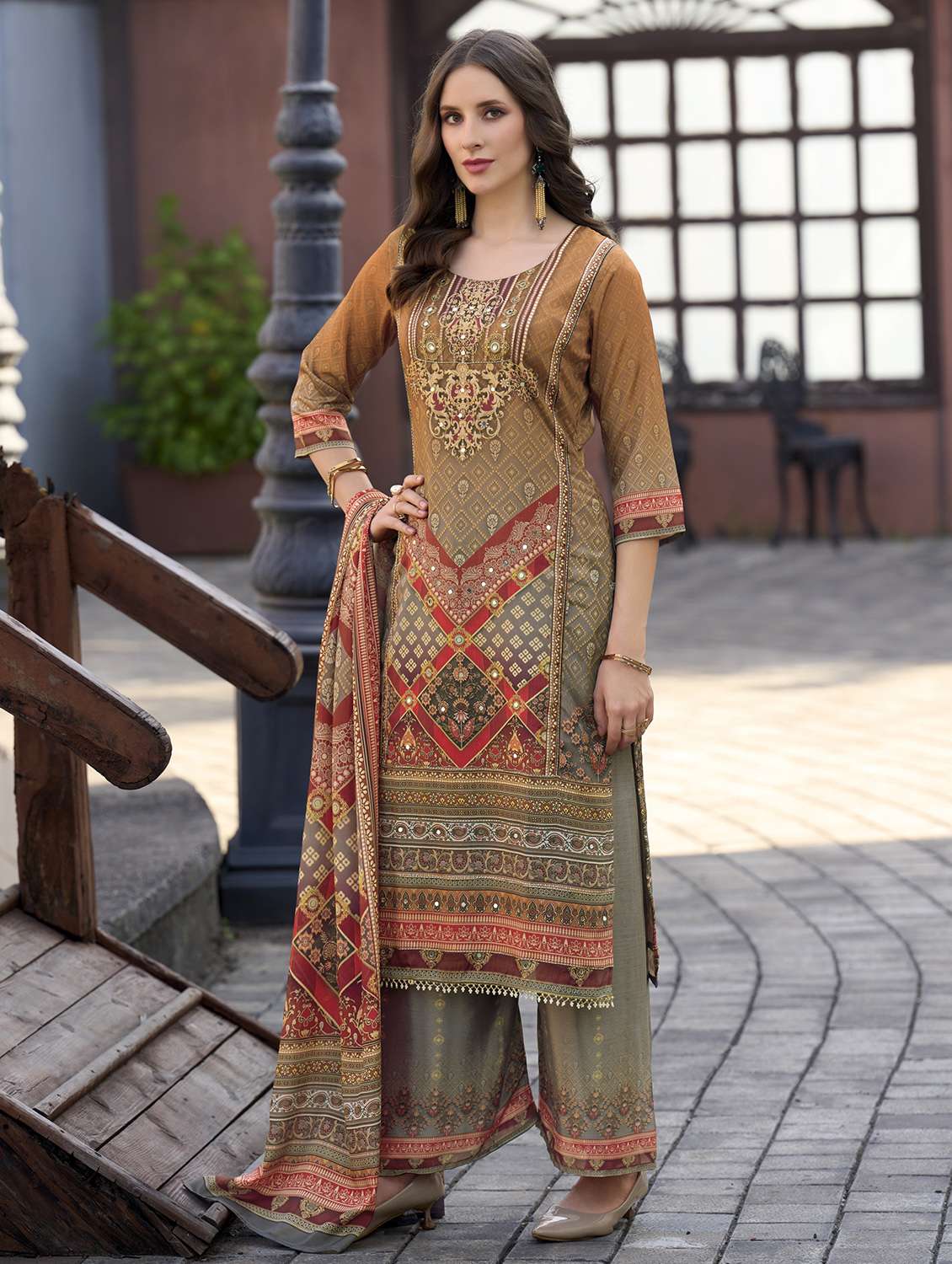 women printed three quarter sleeve kurta palazzo with dupatta set - 22179942 -  Standard Image - 2