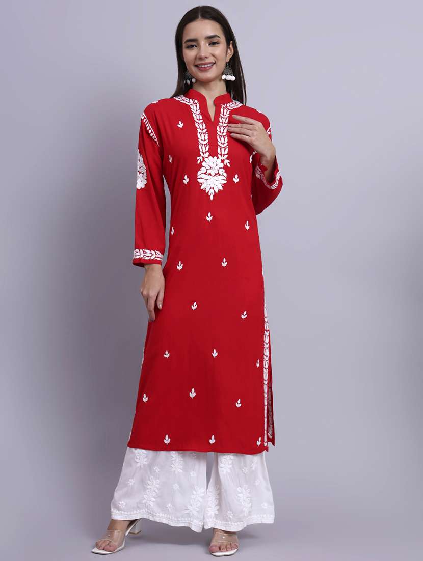 women solid with work long chikankari straight kurta - 22179988 -  Standard Image - 2
