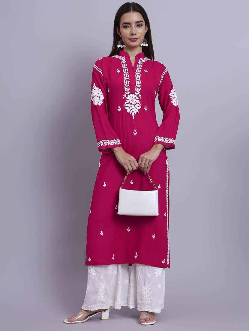women solid with work long chikankari straight kurta