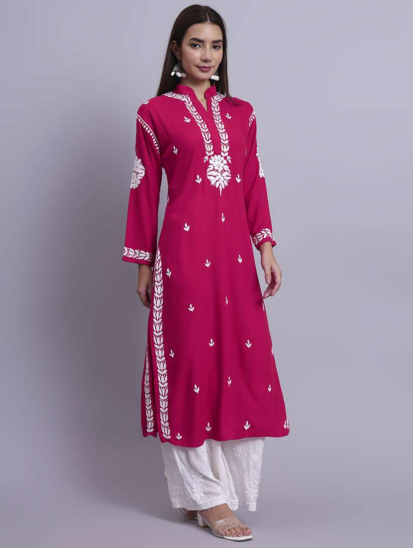 women solid with work long chikankari straight kurta - 22179989 -  Standard Image - 2