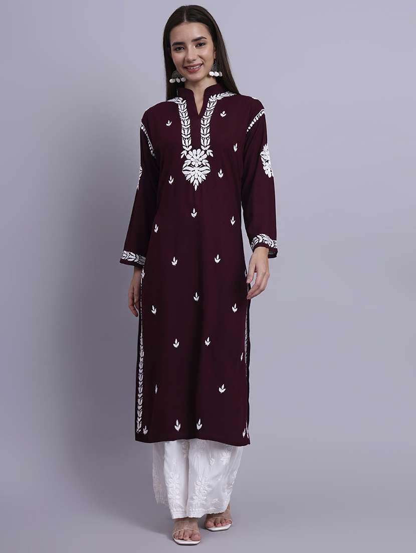 women solid with work long chikankari straight kurta - 22179990 -  Standard Image - 2