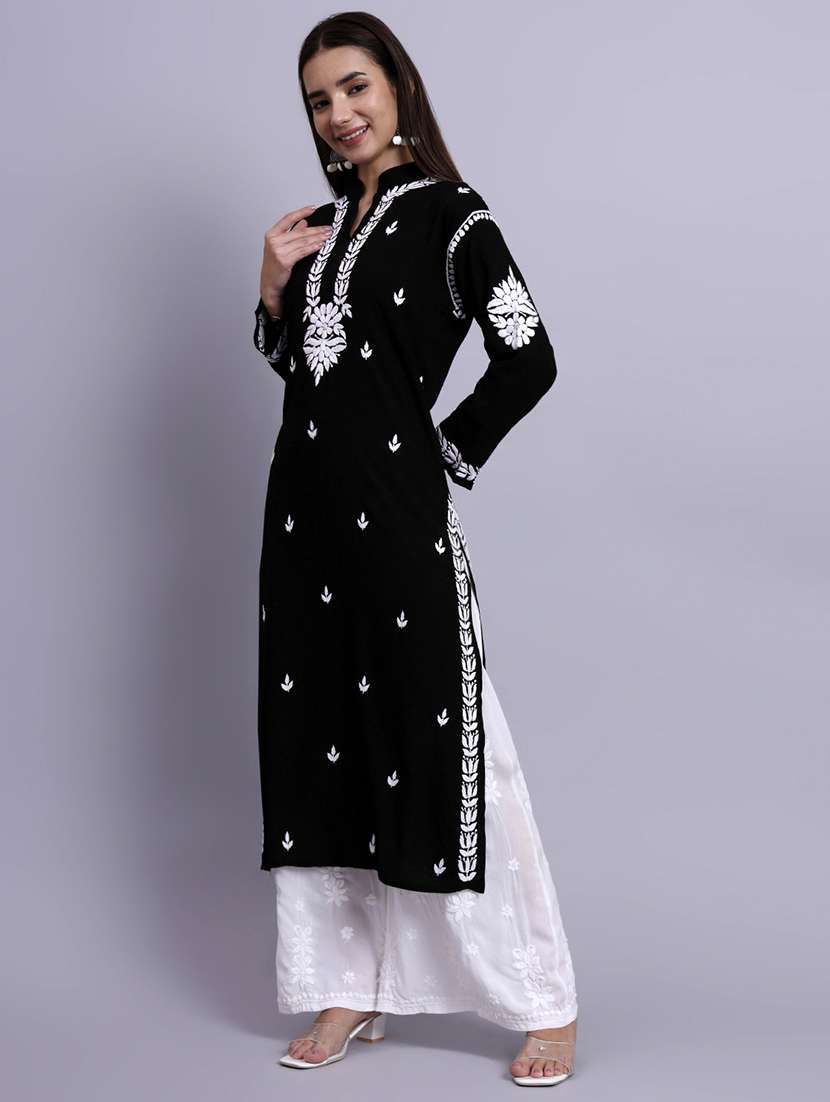 women solid with work long sleeve chikankari straight kurta - 22179992 -  Standard Image - 2