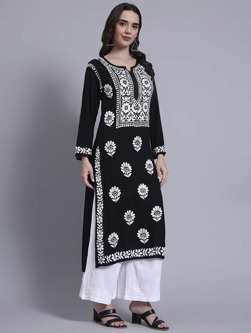 women solid with work long sleeve chikankari straight kurta - 22179993 -  Standard Image - 2