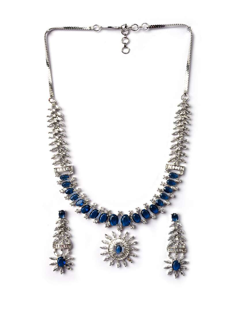 silver plated american diamond studded dual blue necklace set - 22180014 -  Standard Image - 2