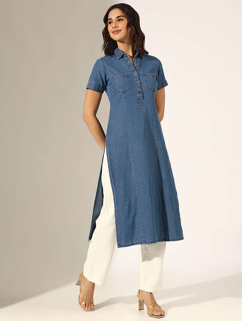 women solid short sleeve straight kurta - 22180024 -  Standard Image - 2