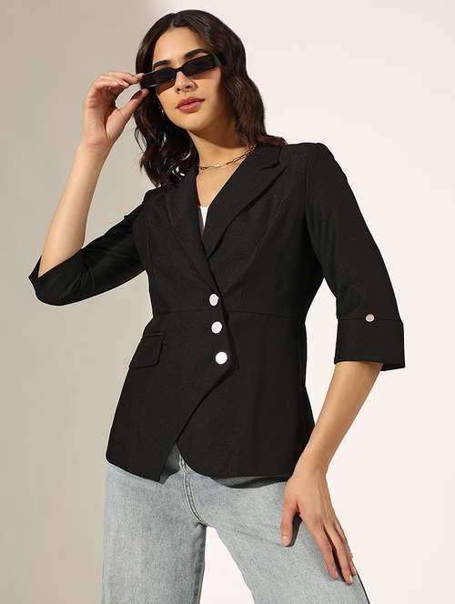 women solid three quarter sleeve double breasted blazer - 22180027 -  Standard Image - 0