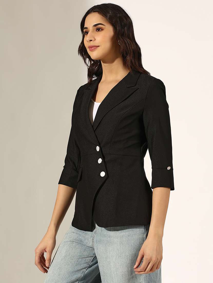 women solid three quarter sleeve double breasted blazer - 22180027 -  Standard Image - 2