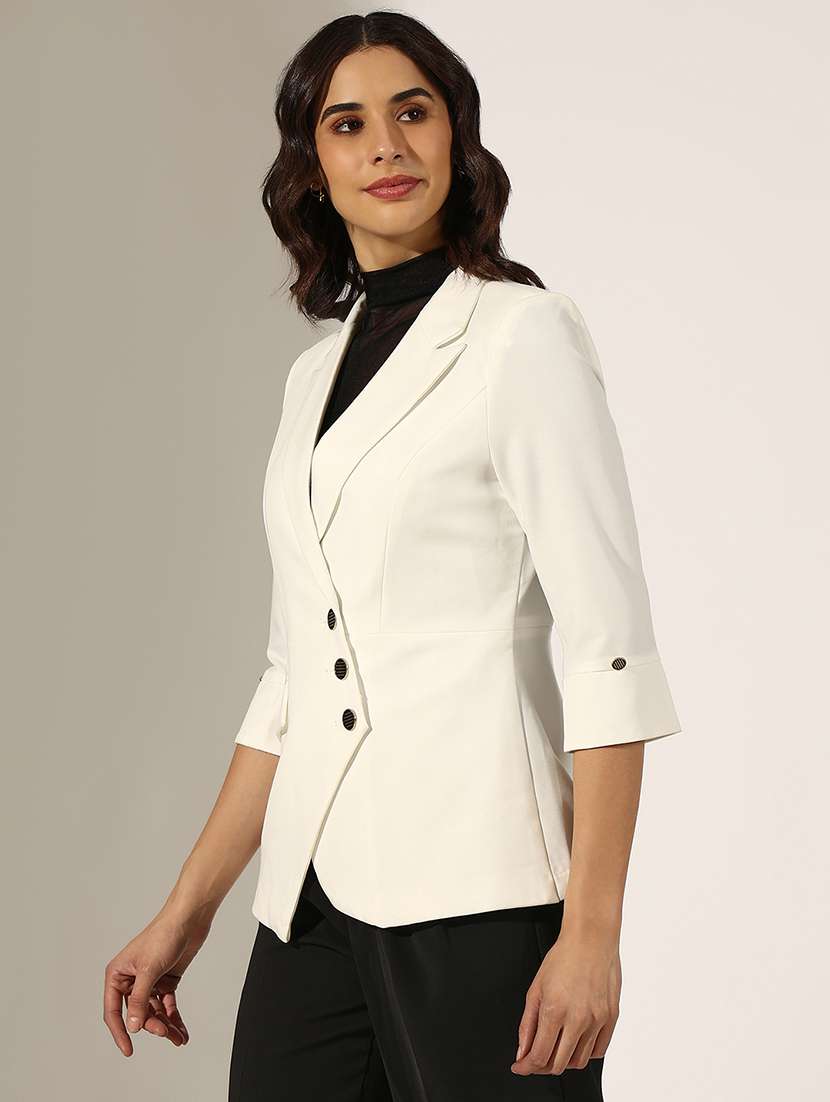 women solid three quarter sleeve double breasted blazer - 22180028 -  Standard Image - 2
