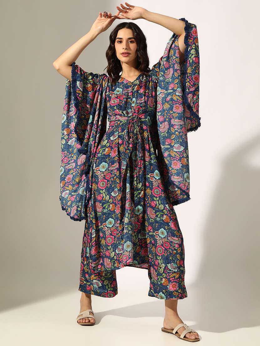 women floral printed kimono sleeve kaftan kurta pant set