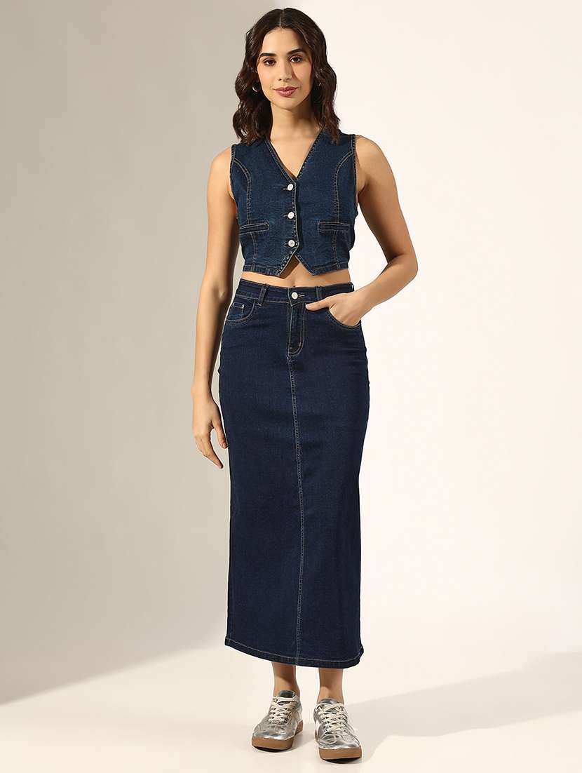 women solid denim top and skirt co-ord set - 22180044 -  Standard Image - 2