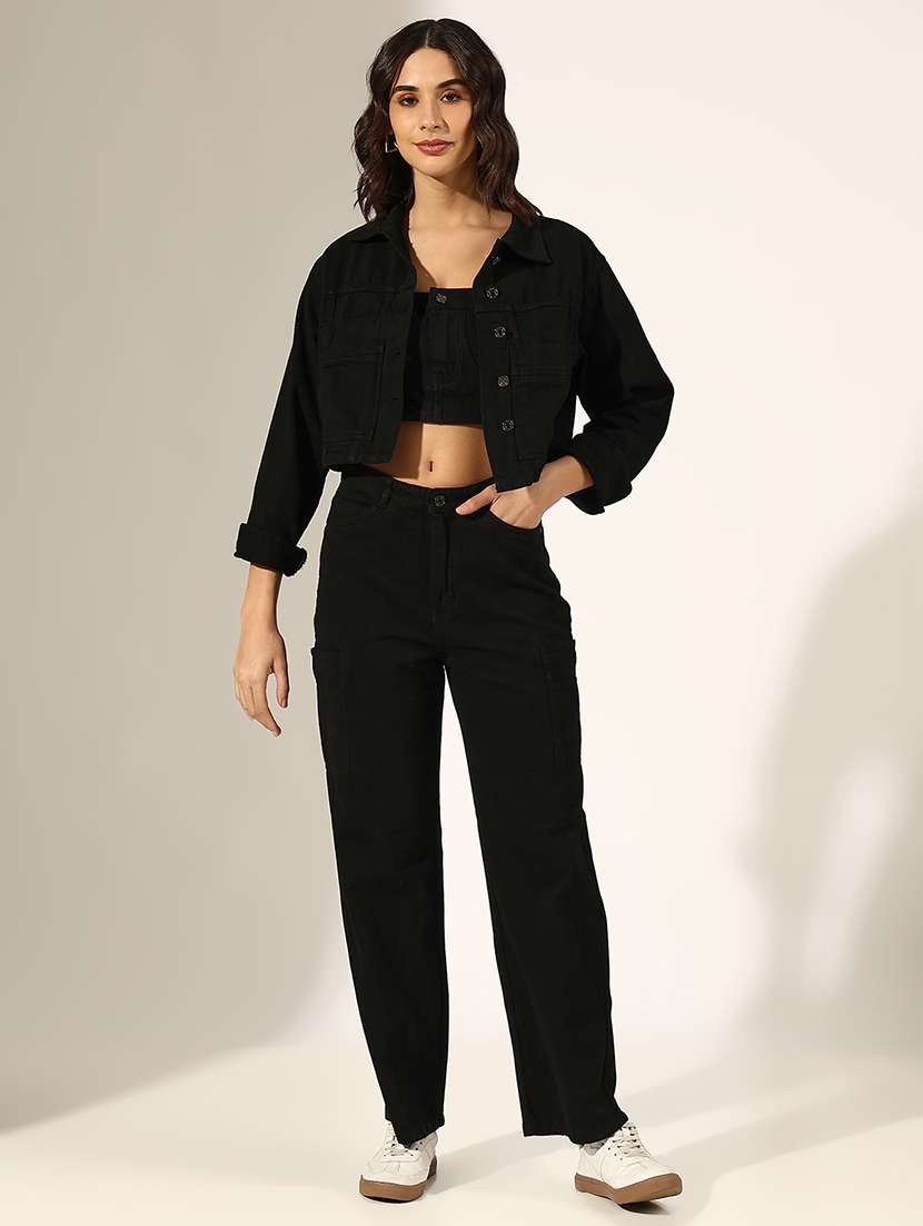 women solid denim top and trouser co-ord set - 22180046 -  Standard Image - 2