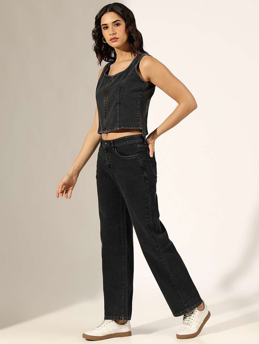 women solid denim top and trouser co-ord set - 22180047 -  Standard Image - 2