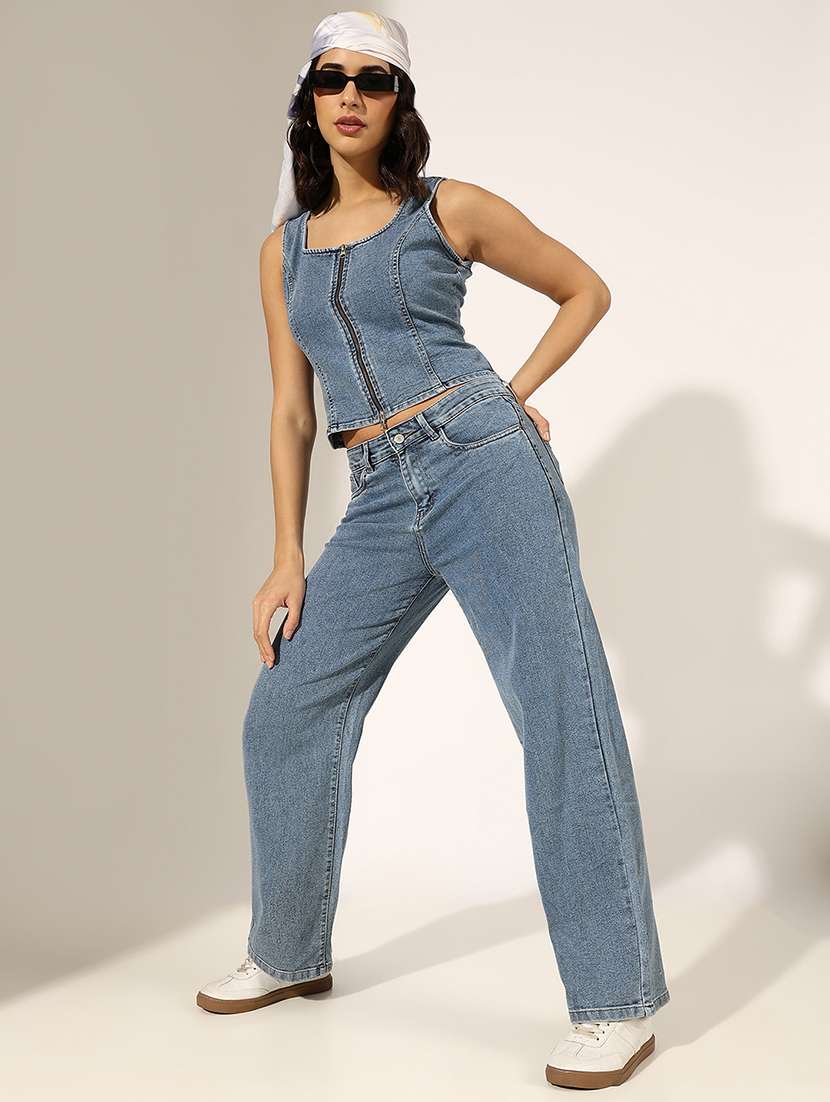 women solid denim top and trouser co-ord set