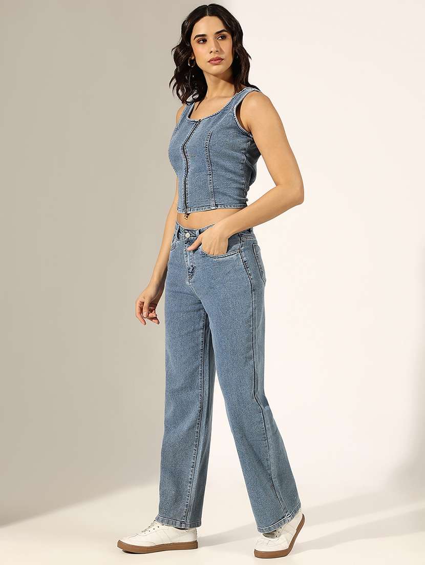 women solid denim top and trouser co-ord set - 22180048 -  Standard Image - 2